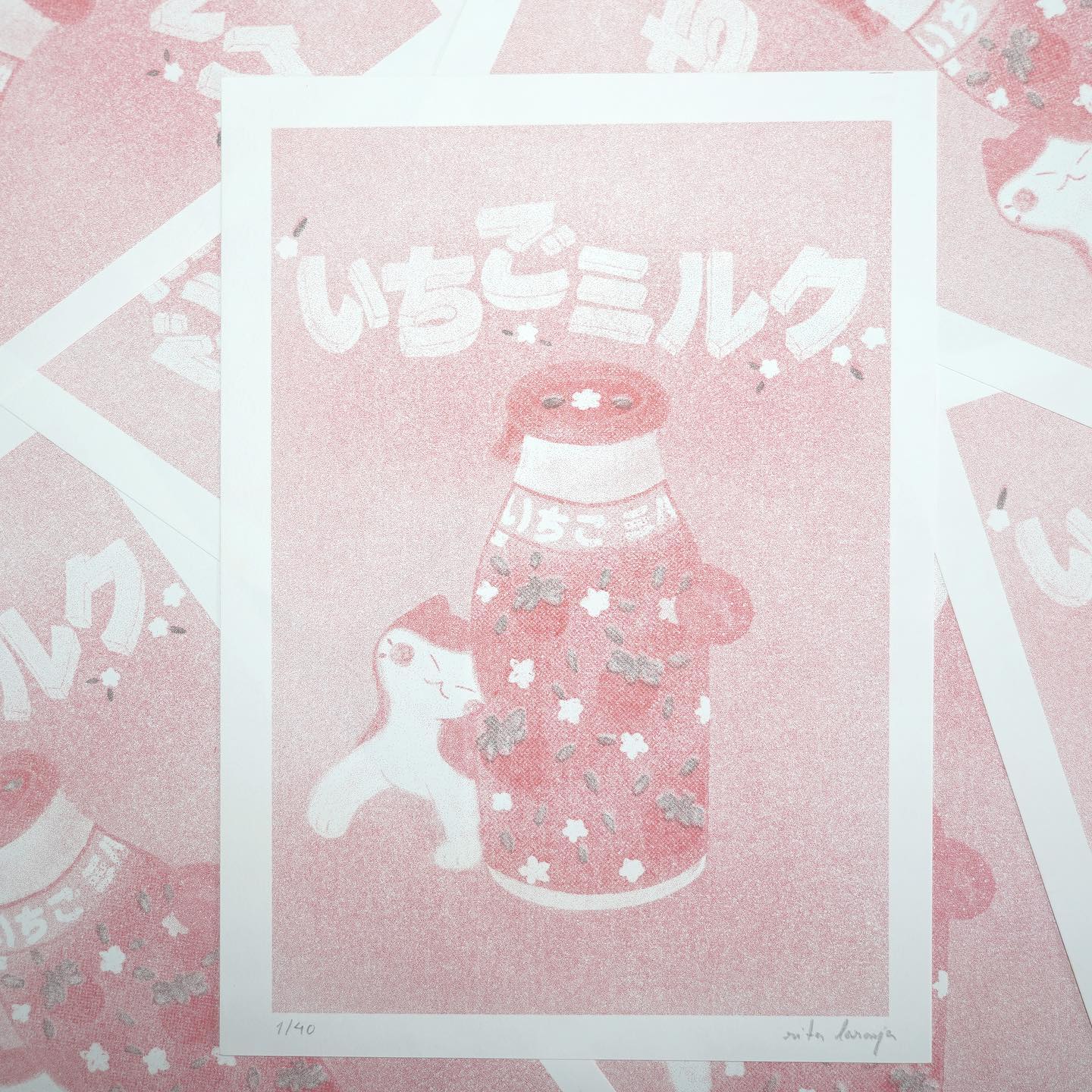 Strawberry milk kitten  Risograph Print